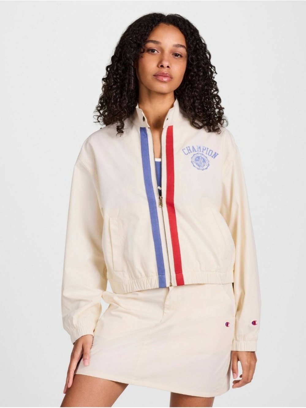 Champion Cream Bomber Jacket with Red & Blue Stripes b141s